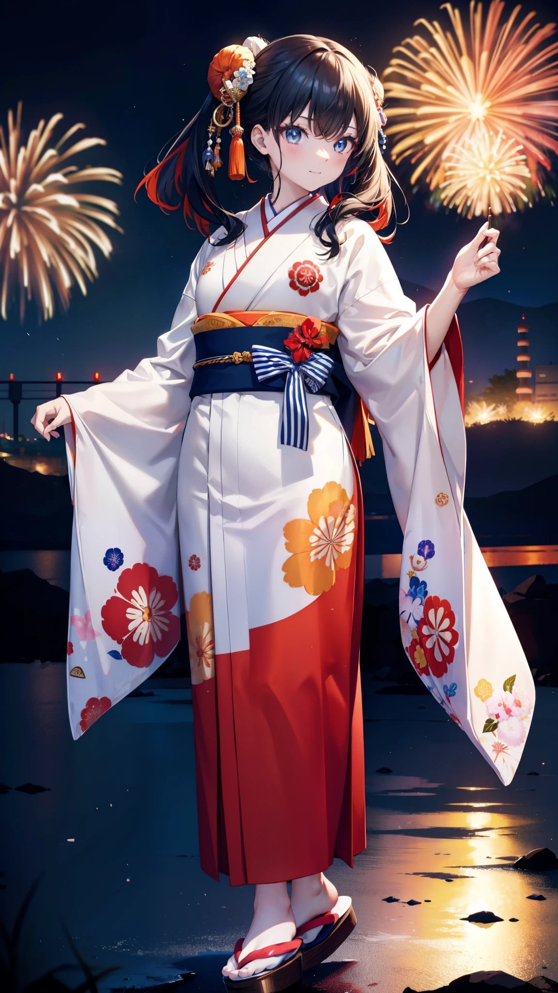 Takada Rokka, Black Hair, blue eyes, Long Hair, orange Scrunchie, Scrunchie, wrist Scrunchie,White Kimono,Sandals,日本のfestival,夏festivalの屋台,Red lantern,Hair Bun, double  Hair Bun,happy smile, smile, Open your mouth,Fireworks,The place is a fireworks display、Time is night,Walking,whole bodyがイラストに入るように,
break outdoors, festival,
break looking at viewer, whole body,(Cowboy Shot:1. 5)
break (masterpiece:1.2), Highest quality, High resolution, unity 8k wallpaper, (shape:0.8), (Fine and beautiful eyes:1.6), Highly detailed face, Perfect lighting, Highly detailed CG, (Perfect hands, Perfect Anatomy),