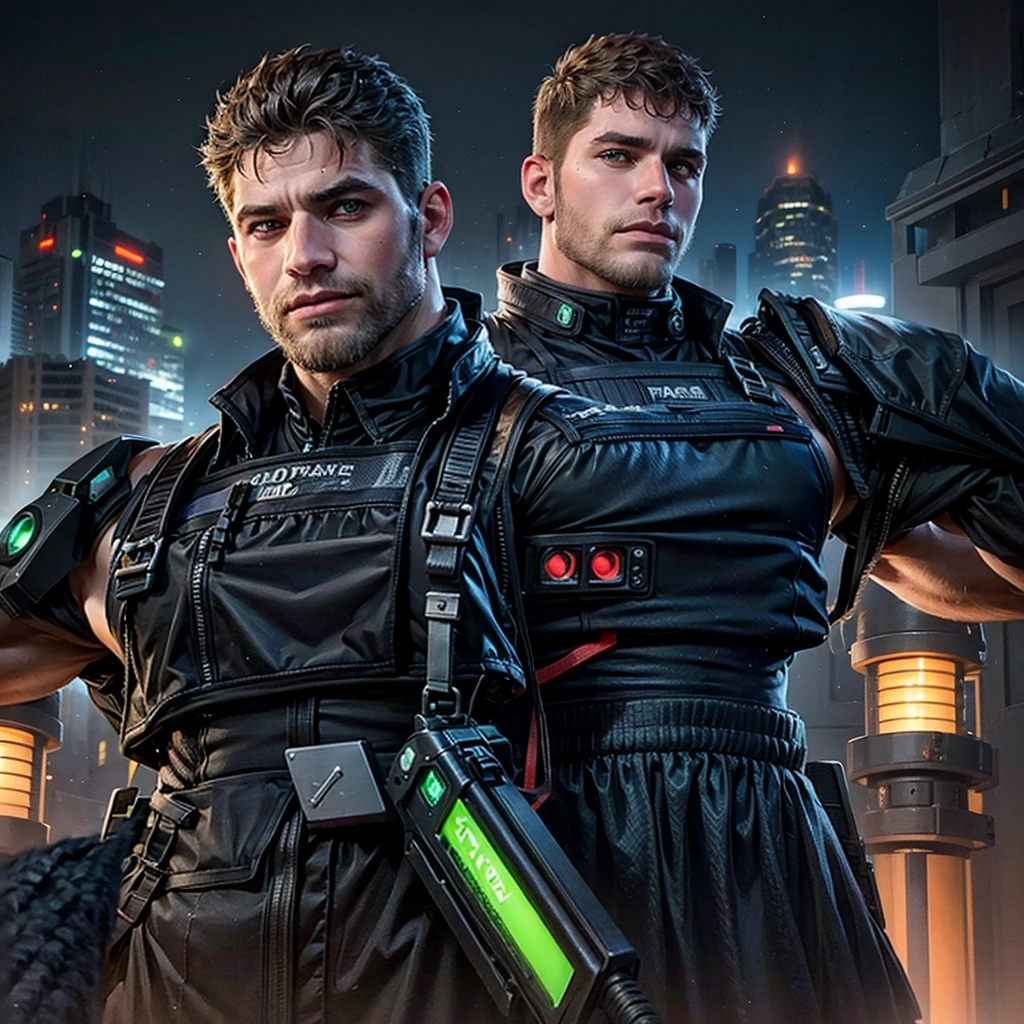 Ultra-realistic RAW portrait of a traditional Scottish man, very hairy, with a large brown beard and short hair in a military-style cut, reimagined in a cyberpunk setting. He is wearing futuristic Scottish Highland attire, including a kilt with neon accents and synthetic animal hide, and is playing a high-tech bagpipe with glowing components. The scene is set on a high, muddy mountain with neon-lit skyscrapers in the background under a cloudy and rainy sky. The man is muddy and looks weathered by the elements, with cybernetic enhancements visible on his body. The lighting should feature vibrant neon colors and dramatic contrasts to highlight the intricate details of his attire, the texture of his beard, and the futuristic environment. Photographed with a professional DSLR camera to capture fine details and depth.