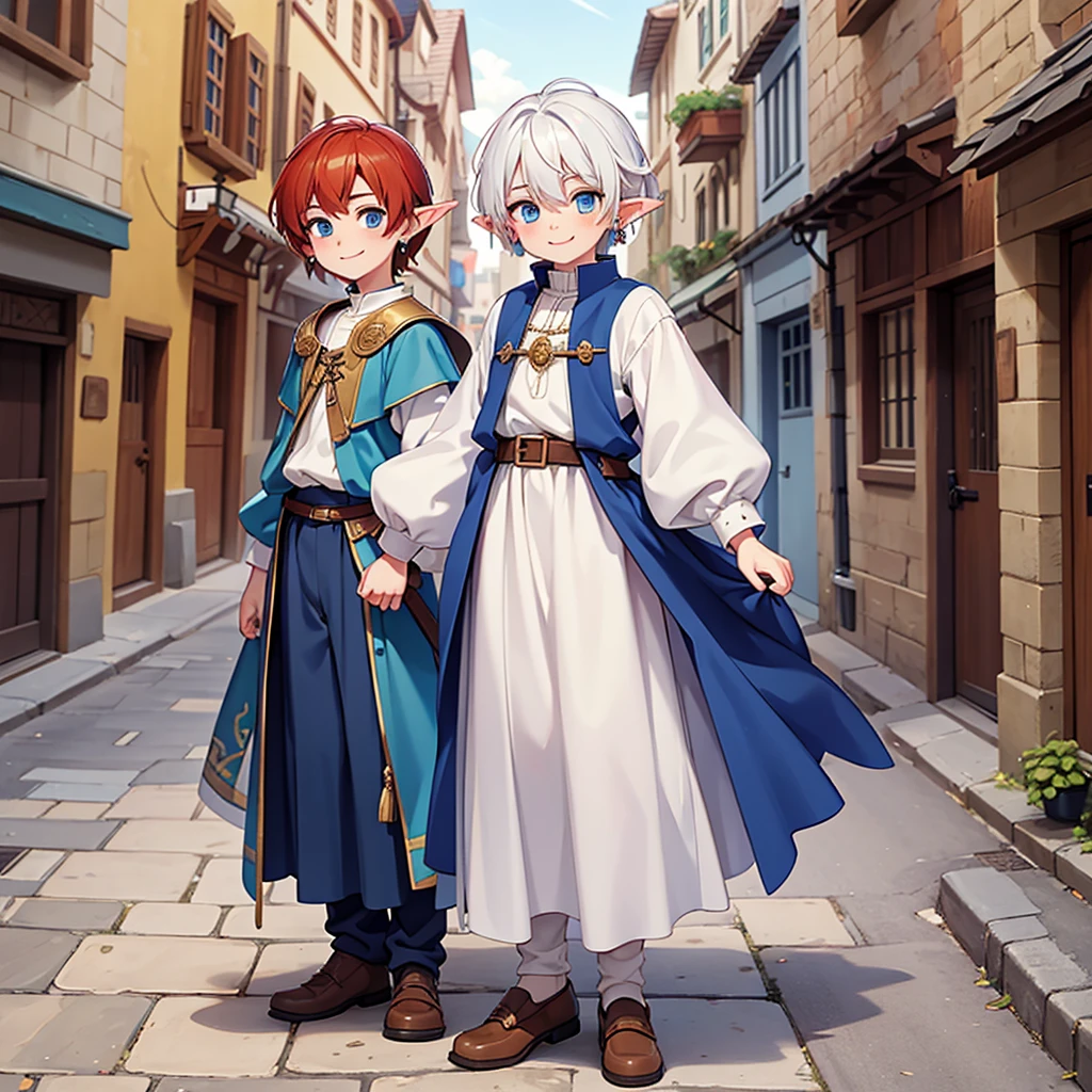 Beautiful, high quality, a  elf boy, 4'6, blue eyes, white hair, full body, 1 boy, cute face, earrings, auburn hair, looking at the camera, smiling, wearing a boy medieval style clothes, stand in a middle of street of medieval city