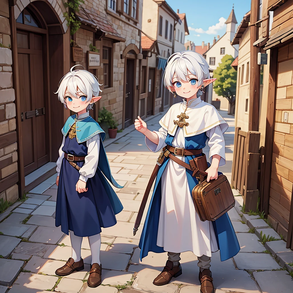 Beautiful, high quality, a 14 years old elf boy, 4'6, blue eyes, white hair, full body, 1 boy, cute face, earrings, auburn hair, looking at the camera, smiling, wearing a boy medieval style clothes, stand in a middle of street of medieval city