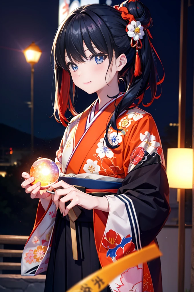 Takada Rokka, Black Hair, blue eyes, Long Hair, orange Scrunchie, Scrunchie, wrist Scrunchie,White Kimono,Sandals,日本のfestival,夏festivalの屋台,Red lantern,Hair Bun, double  Hair Bun,happy smile, smile, Open your mouth,Fireworks,The place is a fireworks display、Time is night,Walking,whole bodyがイラストに入るように,
break outdoors, festival,
break looking at viewer, whole body,(Cowboy Shot:1. 5)
break (masterpiece:1.2), Highest quality, High resolution, unity 8k wallpaper, (shape:0.8), (Fine and beautiful eyes:1.6), Highly detailed face, Perfect lighting, Highly detailed CG, (Perfect hands, Perfect Anatomy),