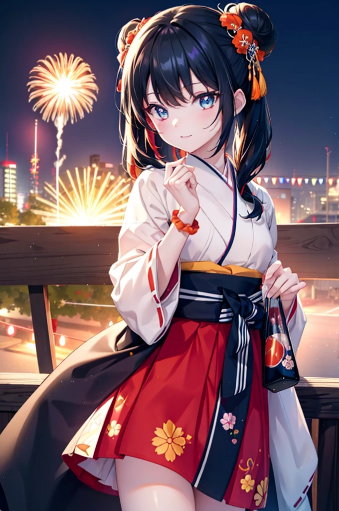 Takada Rokka, Black Hair, Blue eyes, Long Hair, orange Scrunchie, Scrunchie, wrist Scrunchie,White Kimono,sandals,Japanese festivals,Summer festival food stalls,Red Lantern,Hair Bun, double  Hair Bun,happy smile, smile, Open your mouth,Fireworks,The place is a fireworks display、Time is night,Walking,whole bodyがイラストに入るように,
BREAK outdoors, festival,
BREAK looking at viewer, whole body,(Cowboy Shot:1. 5)
BREAK (masterpiece:1.2), Highest quality, High resolution, unity 8k wallpaper, (shape:0.8), (Fine and beautiful eyes:1.6), Highly detailed face, Perfect lighting, Highly detailed CG, (Perfect hands, Perfect Anatomy),