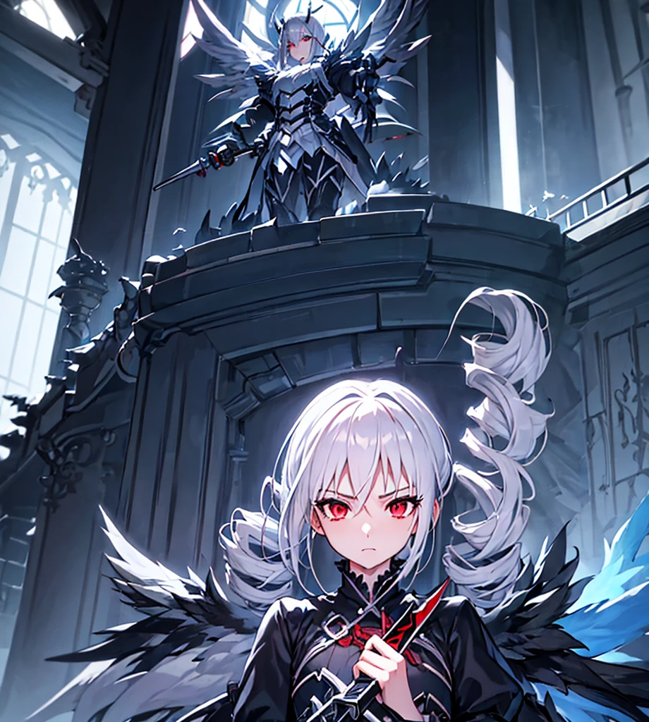 Silver hair, twin drills, abyss, large black wings, jet black sword in one hand, countless swords wrapped around his body, sharp gaze, red light running through his eyes, raised corners of his mouth, open arms, blue flames, all alone