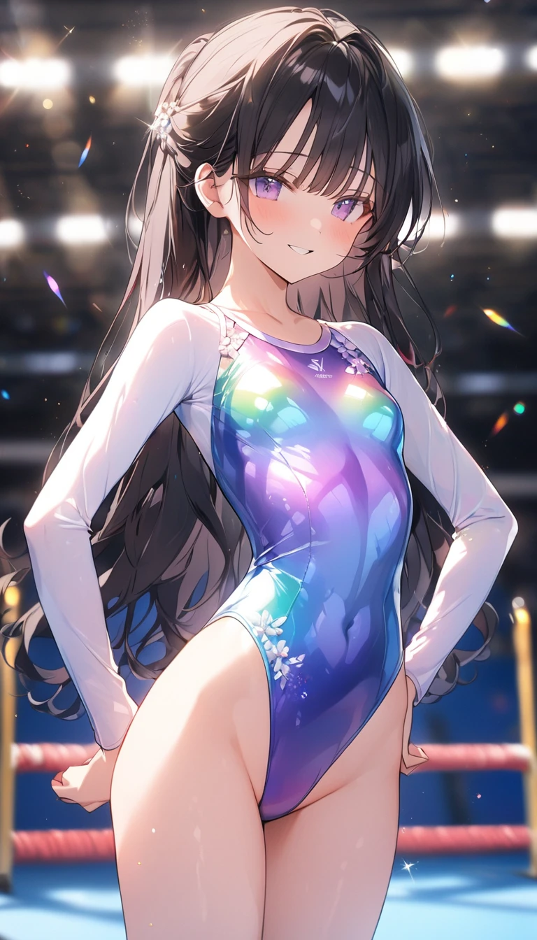 highquality illustration, masterpiece, very delicate and beautiful, attractive girl,(gymnastics leotard, Floral patterns leotard,long sleeve leotard with glittery decoration,high_leg leotard,athletic leotard,tight-fit leotard,iridescent gradient leotard,long-sleeve leotard),thin,slender body,slim,high school,gymnasium background,gymnastics club,gymnastics athlete,princess, beautiful eyes,light smile,(masterpiece, best quality:1.2), highres, extremely detailed CG unity 8k wallpaper, perfect lighting, Colourful, ultra-high res,4K,ultra-detailed, photography, 8K, HDR, 17 ages, 