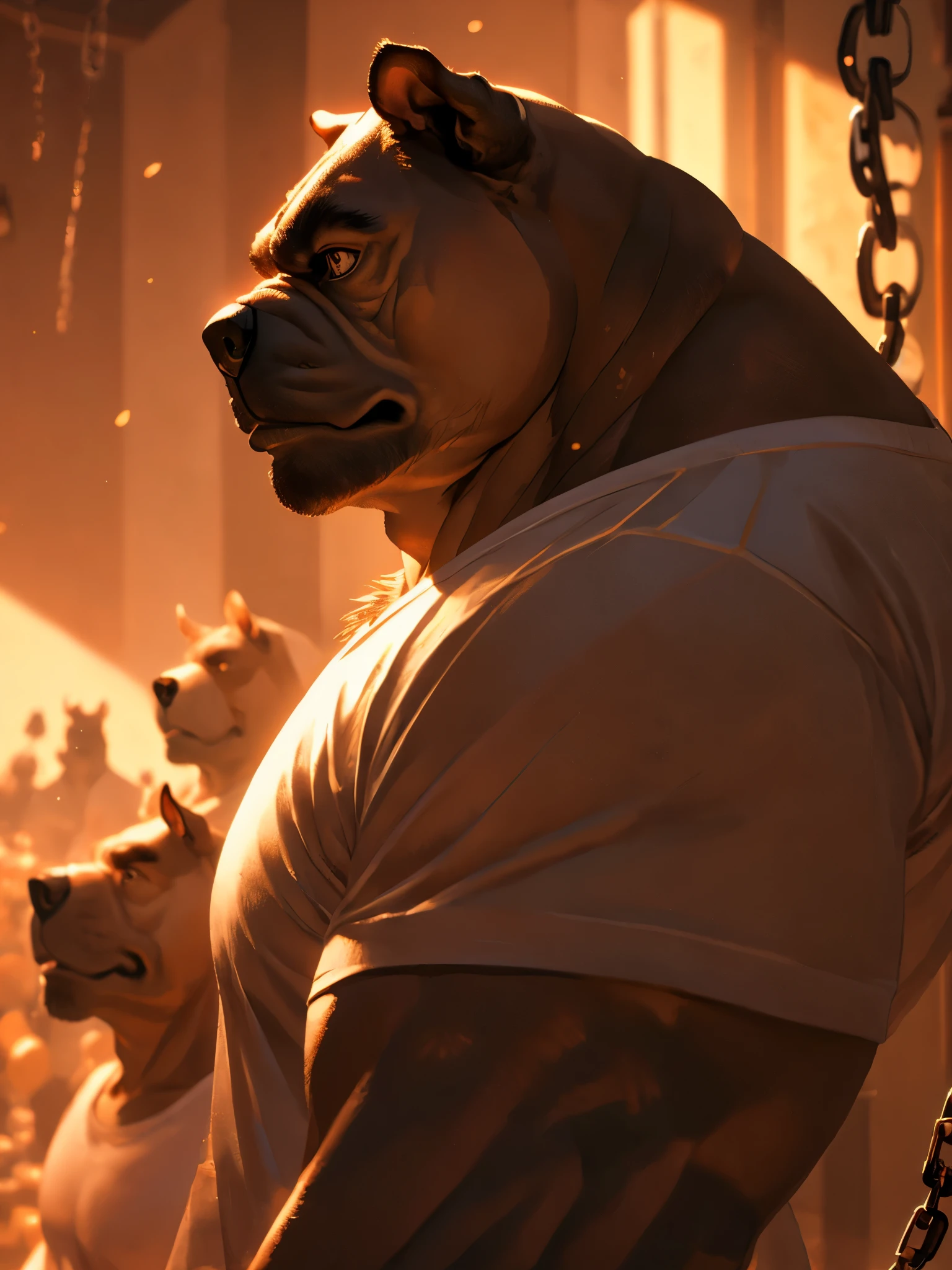 (tall) (muscular) (bulldog:1.1), (white T-shirt), (chain), (detailed eyes), (detailed lips), (strong pose), [background:0.9], (best quality:1.2), (ultra-detailed), (realistic:1.37), [HDR], [studio lighting], (vivid colors), [bokeh], (portraits), (strong contrast), (warm color tone), (soft lighting)