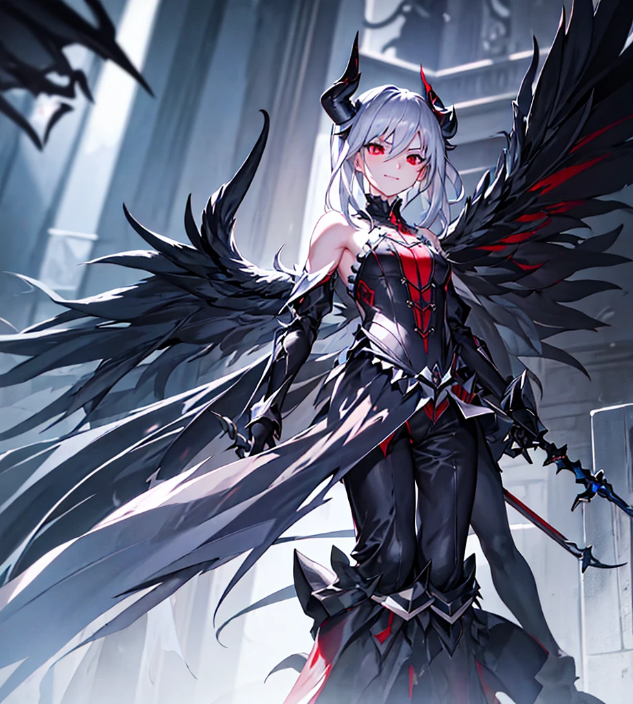 Silver hair, twin drills, abyss, large black wings, jet black sword in one hand, countless swords wrapped around his body, sharp gaze, red light running through his eyes, raised corners of his mouth, open arms, blue flames, all alone, scary smile