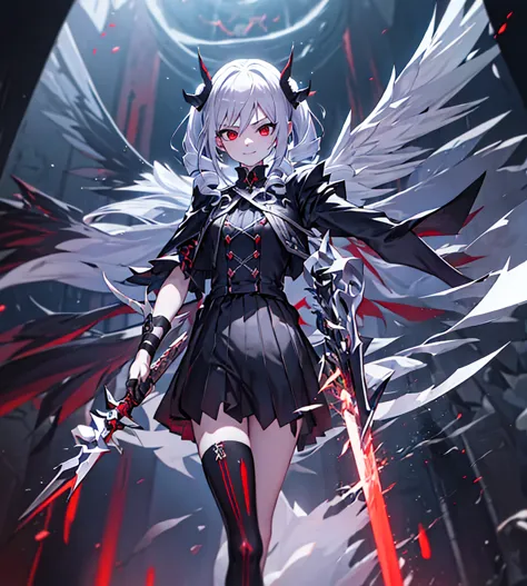 silver hair, twin drills, abyss, large black wings, jet black sword in one hand, countless swords wrapped around his body, sharp...