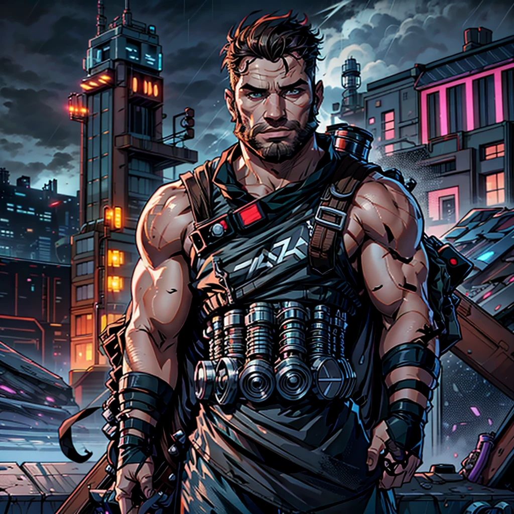 Retrato RAW ultra-realista de um homem tradicional escocês, muito peludo, com uma grande barba castanha e cabelo curto em corte estilo militar, reimaginado em um cenário cyberpunk. Ele está vestindo um traje futurista das Terras Altas da Escócia, incluindo um kilt com detalhes em neon e couro sintético de animal, e está tocando uma gaita de foles de alta tecnologia com componentes brilhantes. A cena é ambientada em alta, montanha lamacenta com arranha-céus iluminados por neon ao fundo sob um céu nublado e chuvoso. O homem está enlameado e parece desgastado pelos elementos, com melhorias cibernéticas visíveis em seu corpo. A iluminação deve apresentar cores neon vibrantes e contrastes dramáticos para destacar os detalhes intrincados de seu traje., a textura de sua barba, e o ambiente futurista. Fotografado com uma câmera DSLR profissional para capturar detalhes finos e profundidade.