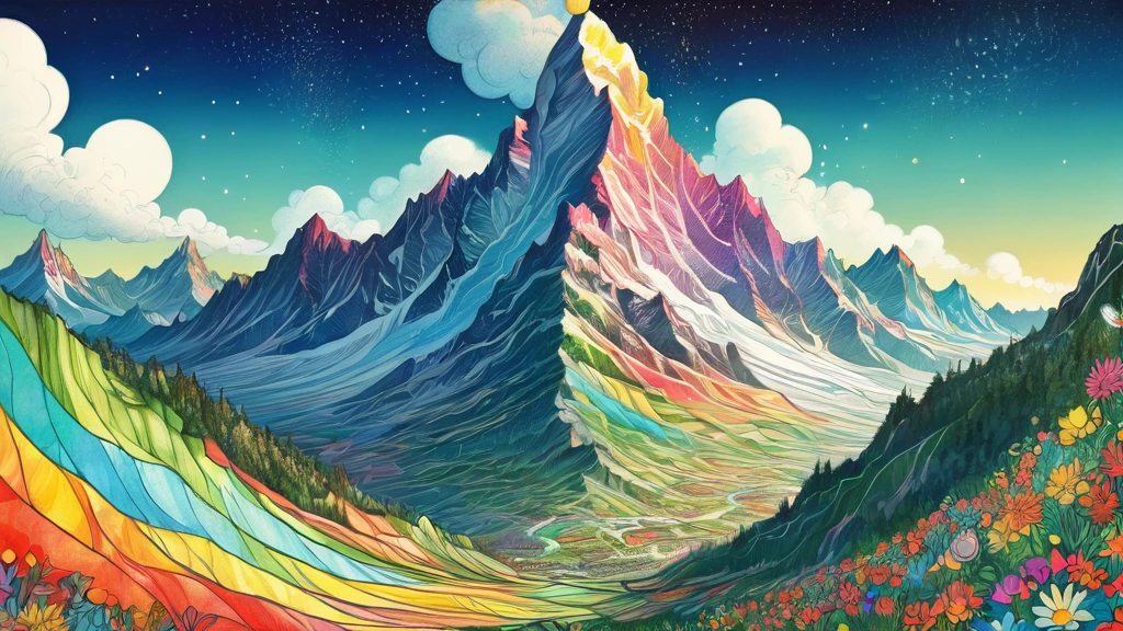 ((Close-up of a large mountain in the center))、looks happy,An illustration,pop,colorfulに,draw with thick lines,color,Happy dreams,Warm and full of happiness,,colorful,Fancy,Fantasy,,Detailed explanation,fluffy,Randolph Caldecott Style