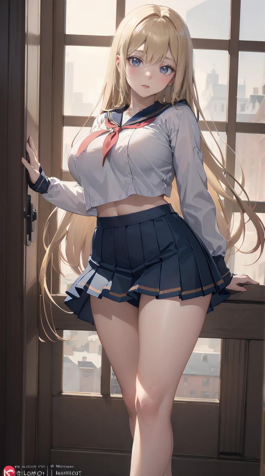 Masterpiece, Top Quality, 1girl, Blonde, Long Hair, Sailor Costume, Tight Bloomers, No Skirt, Attention Gaze, Seductive Smile, Indoors, All Goddess, Big Tits