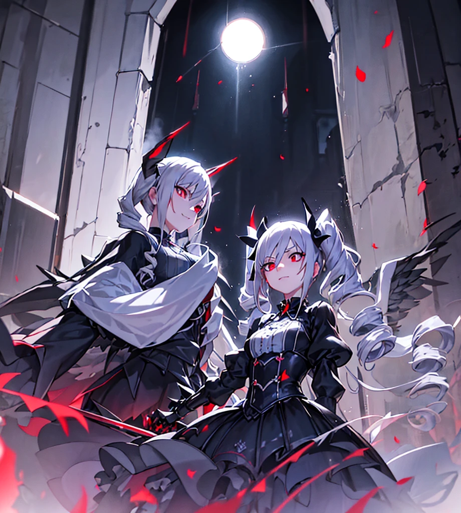 Silver hair, twin drills, abyss, large black wings, jet black sword in one hand, countless swords wrapped around the body, sharp gaze, red light in the eyes, raised corners of the mouth, open arms, blue flames, all alone, scary smile, back