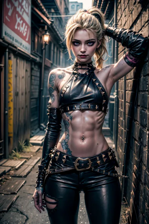 (RAW photo, best quality), Cute jinx girl with blond hair, (double ponytail blond hair), (hair over one eye), (alley background)...