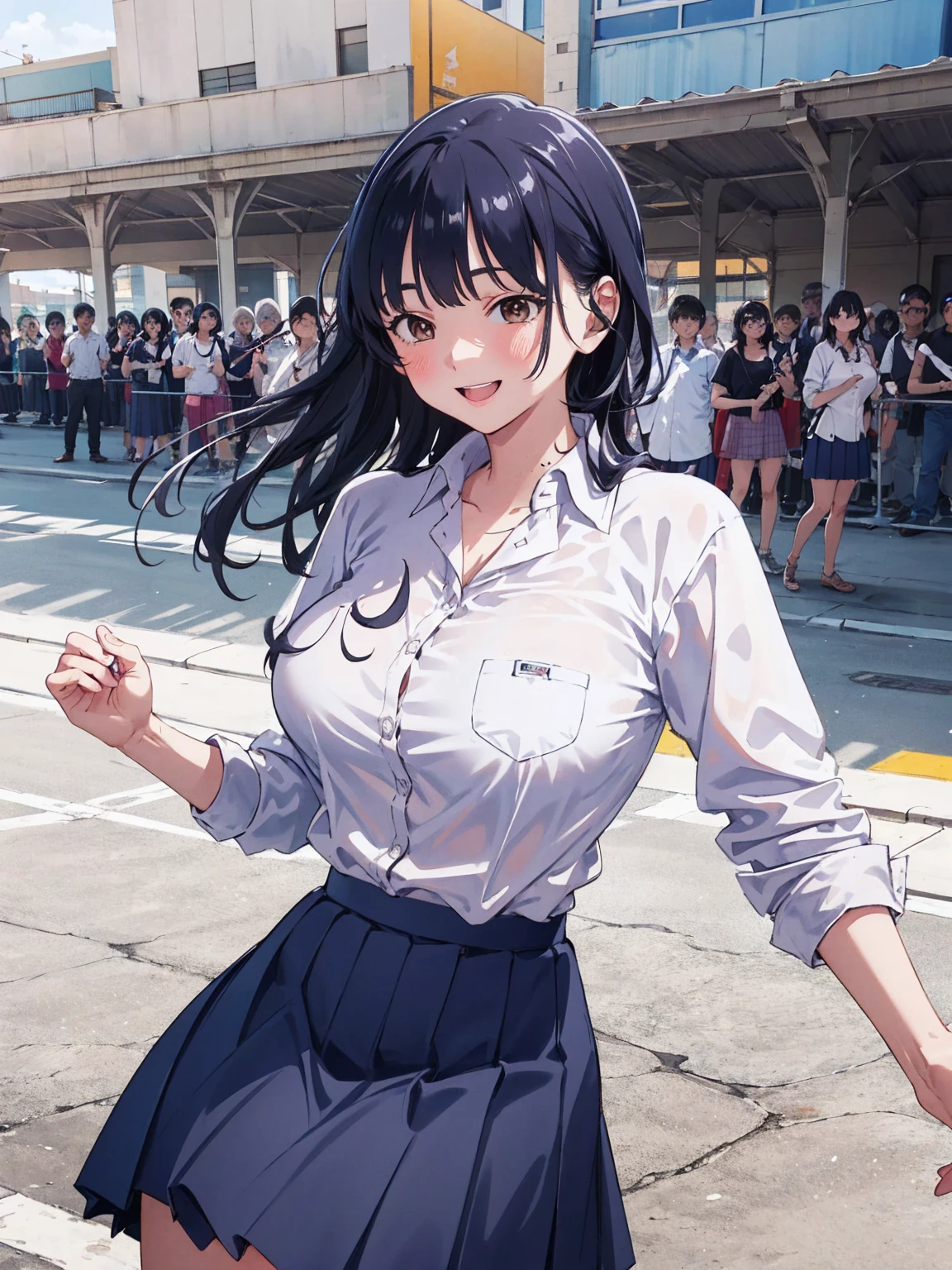 masterpiece, Highest quality, High resolution, Official Art, Anime Face, Long Hair, Brown eyes, clavicle, Collared shirt, White shirt, Rolled up my sleeves, Pleated skirt, Blue Skirt, mini skirt, smile, Outdoor, masterpiece, Absurd, Super detailed, Anna Yamada, One girl, alone, Long Hair, blush, (Large Breasts, Big Breasts), Black Hair, Long sleeve, Brown eyes, , Jacket, Collared shirt, (Realistic:0.35、 Powerful laughter), blush, smile, Powerful laughter
