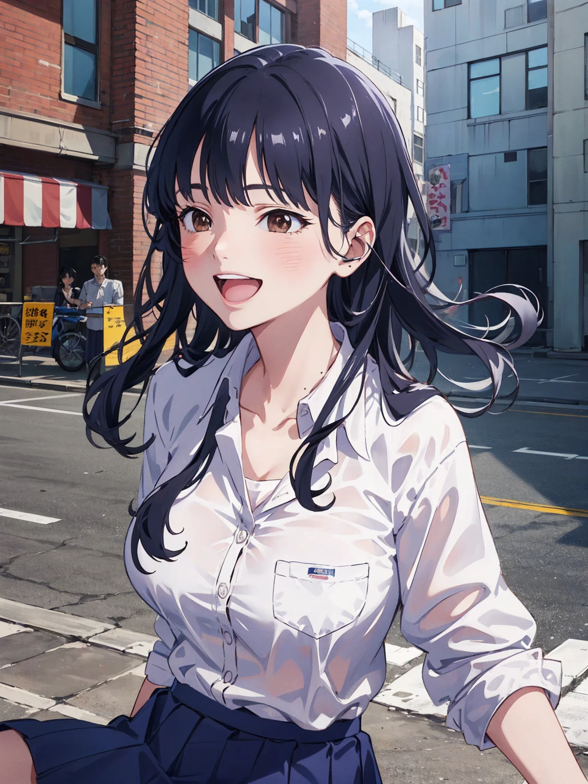 masterpiece, Highest quality, High resolution, Official Art, Anime Face, Long Hair, Brown eyes, clavicle, Collared shirt, White shirt, Rolled up my sleeves, Pleated skirt, Blue Skirt, mini skirt, smile, Outdoor, masterpiece, Absurd, Super detailed, Anna Yamada, One girl, alone, Long Hair, blush, (Large Breasts, Big Breasts), Black Hair, Long sleeve, Brown eyes, , Jacket, Collared shirt, (Realistic:0.35、 Powerful laughter), blush, smile, Powerful laughter
