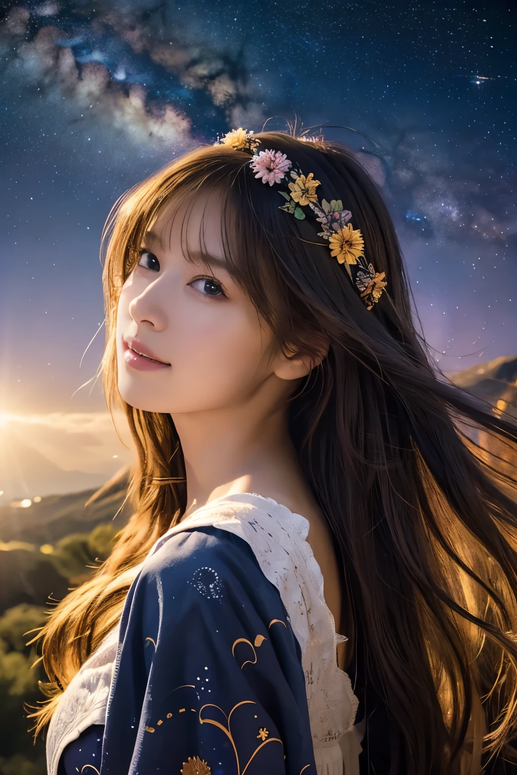 high quality, 最high quality, Tabletop, Detailed portrait of a woman 1 Girl, Long Hair, (floating, space, Milky Way, colorful), Warm lighting, goddess, Milky Way, scenery, colorful hair wreath, {{{最high quality}}}, {{Very detailed}}, {figure}, Movie angle, {Detailed light},Cinema Lighting, Celestial, Dynamic pose