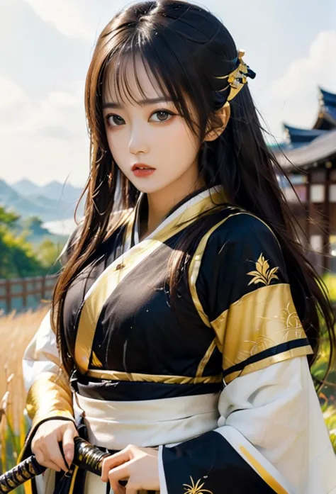 a princess with black and gold sumai armor, shougan armor, holding a long katana, glassy glowing eyes, brown long hair, landscap...