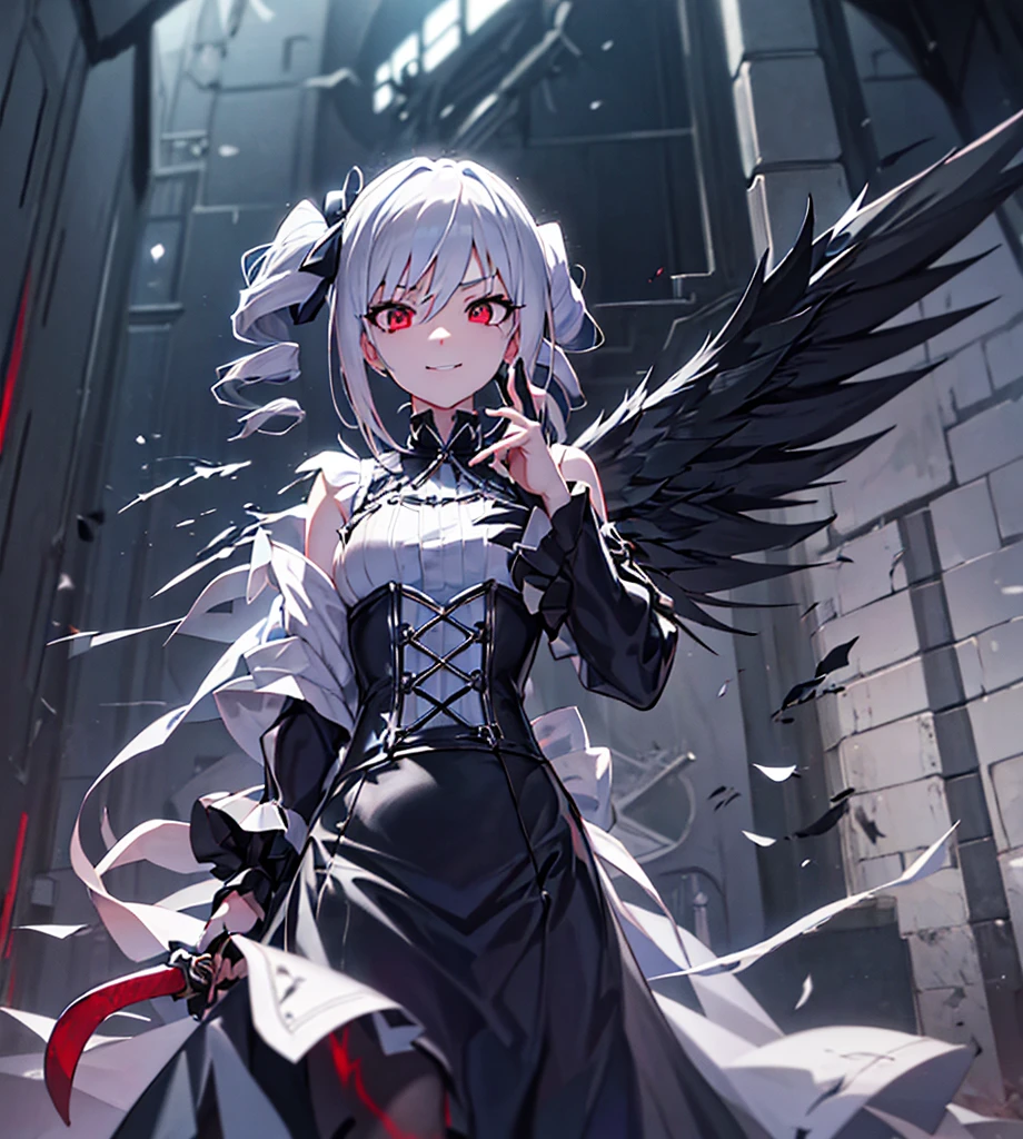 Silver hair, twin drills, abyss, growing large black wings, wielding a jet black sword in one hand, countless swords covering his body, sharp gaze, red light running through his eyes, turning up the corners of his mouth, blue flames, all alone, scary smile, his back is captured on camera, one hand on the ground