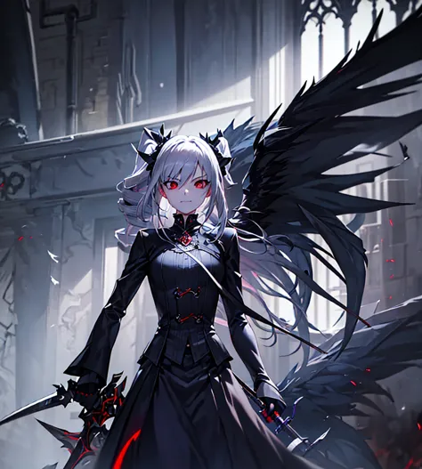 silver hair, twin drills, abyss, growing large black wings, wielding a jet black sword in one hand, countless swords covering hi...