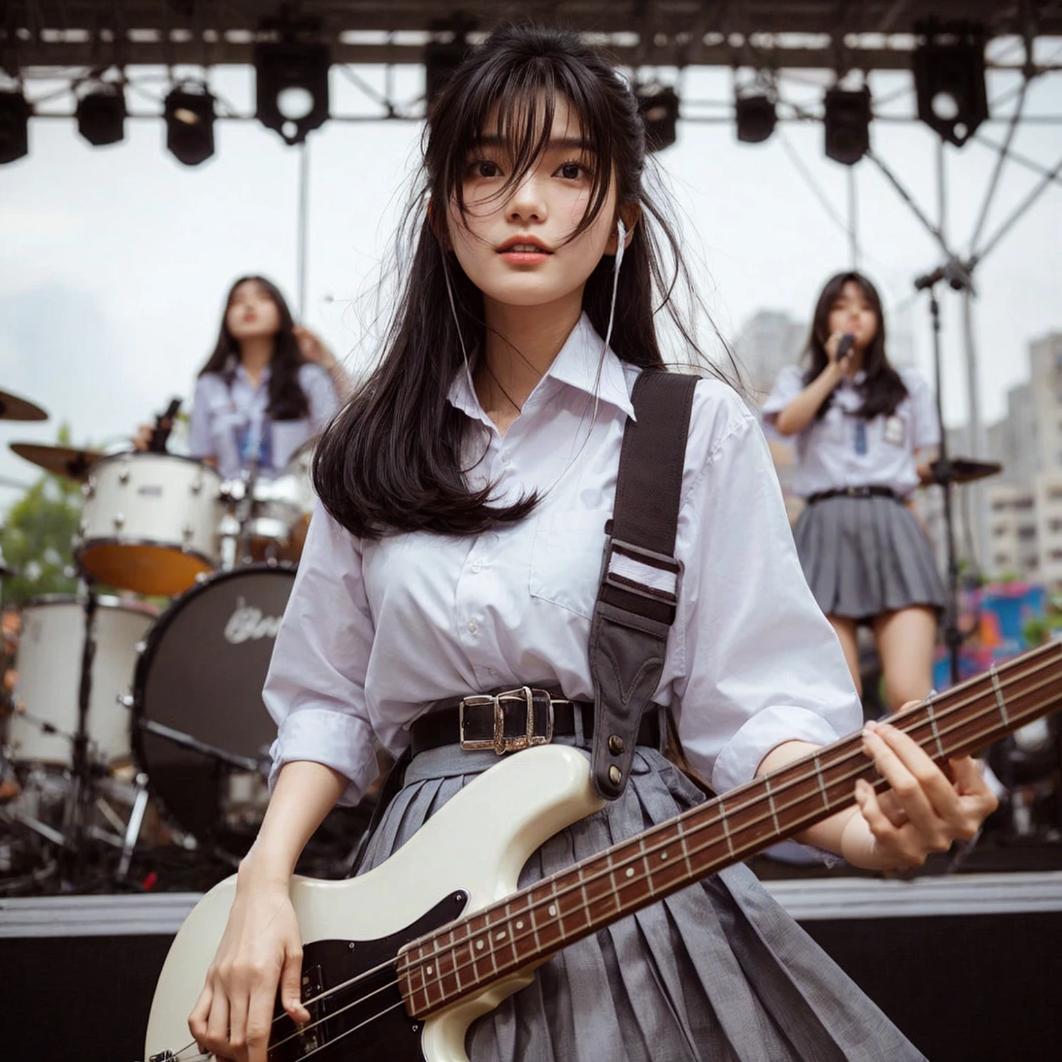 Here is the translation to English:

"A beautiful Korean girl, 18 years old, tall, fair-skinned, medium breasts, playing bass guitar, performing on a high school stage in Surabaya city, many school children watching, wearing a high , white shirt, belt, and gray skirt, jumping around, headbanging, masterpiece, realistic image, HD, 4k, detailed face, detailed eyes, messy hairstyle"