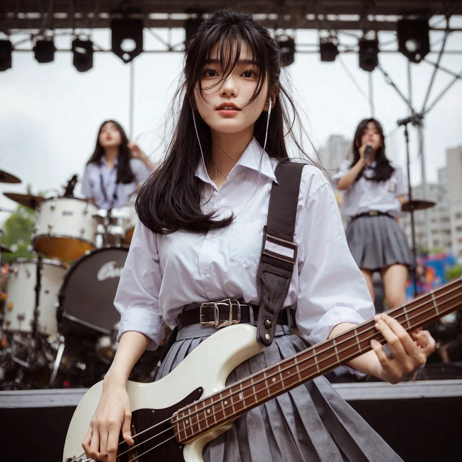 Aquí está la traducción al inglés.:

"una hermosa chica coreana, 18 años, Alto, Piel blanca, pechos medianos, tocando el bajo, Actuando en el escenario de una escuela secundaria en la ciudad de Surabaya., muchos escolares mirando, Usando un alto , Camisa blanca, cinturón, y falda gris, Saltando, golpeando la cabeza, Obra maestra, imagen realista, alta definición, 4k, cara detallada, ojos detallados, peinado desordenado"