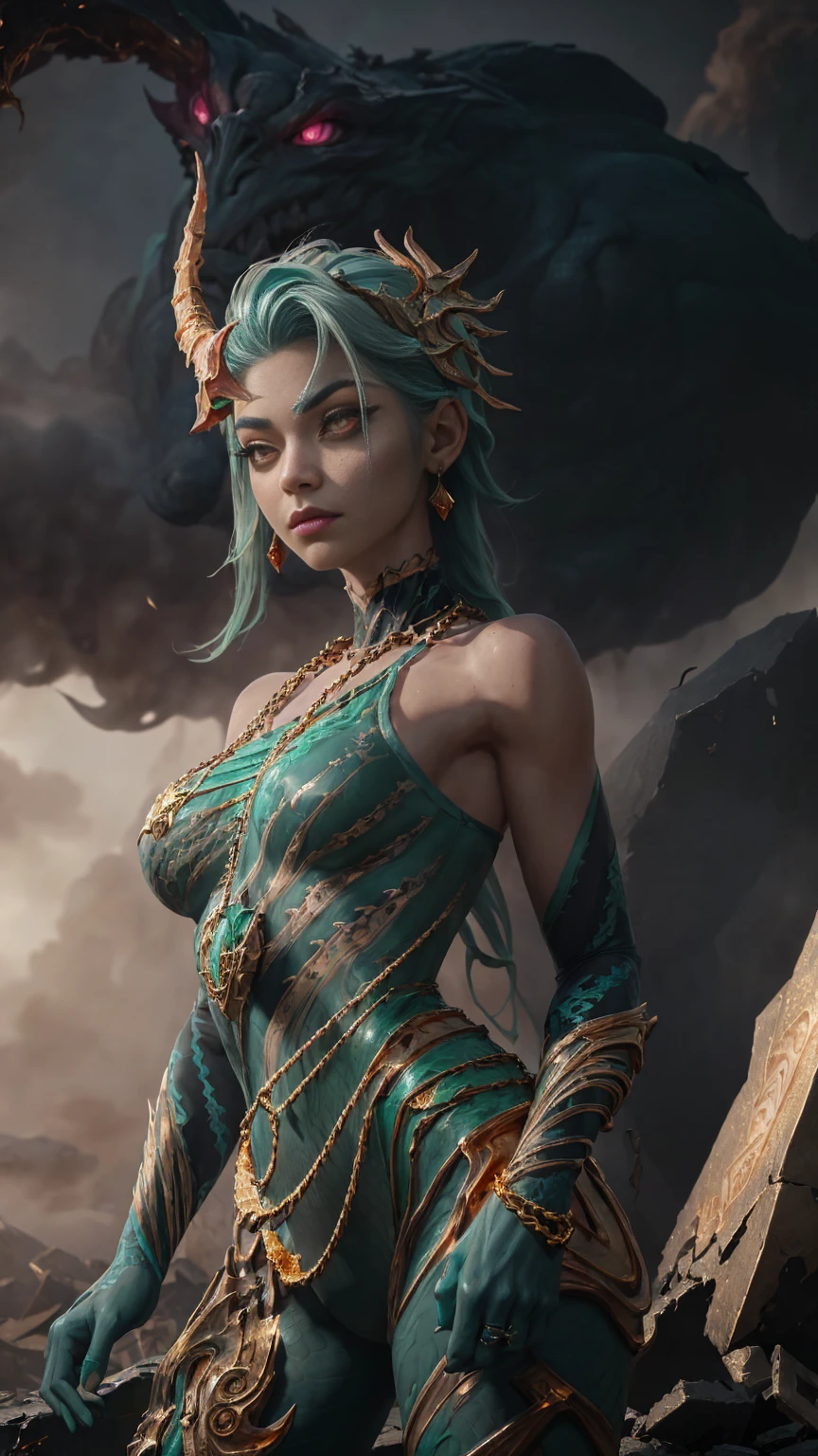 ((Tall girl reciting mantras)), peeking out from under his forehead, BREAK, (Fog in the background, chaos, destruction, Gold Chains:1.5), (Slim_thights:1.3), ((big breastes)), slender_thights, aqua hair, 1girl, solo, (shapely body:1.4), generous cleavage, Skinny, detailed anatomy, the perfect body, Detailed body, detailized face, Beautiful anatomical eyes. BREAK Kaisa Dragon Lagoon,  The BREAK is very detailed, Intricately detailed art, Artstation's Detailed Triadic Color Trend in Unreal Engine 5, 8K resolution, deviantart masterpiece. (extreme close up portrait).