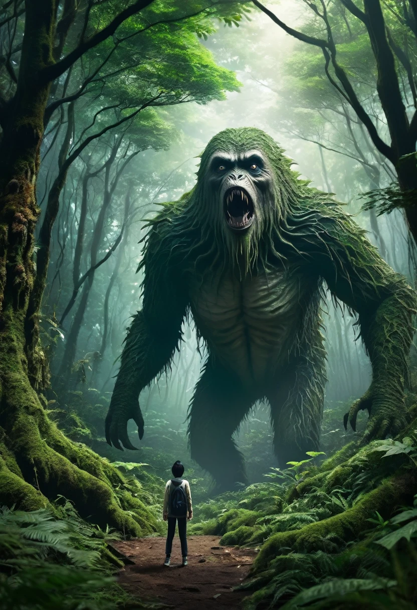 Unidentified creatures deep in the forest。scared。huge。feel ill。The background is realistic。I included a person to compare the size.