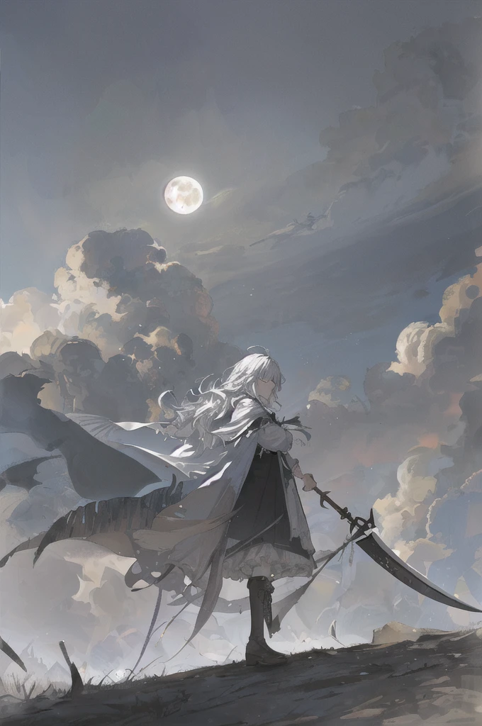 Masterpiece-quality CG，Best image quality and detail，Delicate skin，Radiant Look up slightly at the sky，The picture is painted in the style of artistic thick paint，4 k hd wallpaper，Better volumetric cloud effect，Full moon night，Roof，Armed with the Grim Reaper Scythe，Wearing a cloak，long  white hair，expressiveless