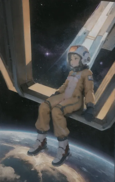 Teen,Small breasts,Spacesuit:orange_clothing_body:Jumpsuit),white_gloves, white_Space shoes, white_Helmet, the CCCP 赤 letters on...