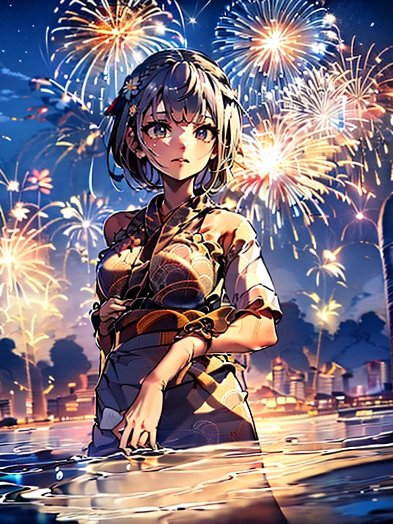 Ultra-high resolution,masterpiece, Attention to detail, Highest quality, 4K,(Silver braided short bob),(Blessed,Captivating body、Ultra-detailed skin、Beautiful Eyes、Detailed Background),One Girl、(yukata:1.5),firework,(大量のfirework,Night view,)
