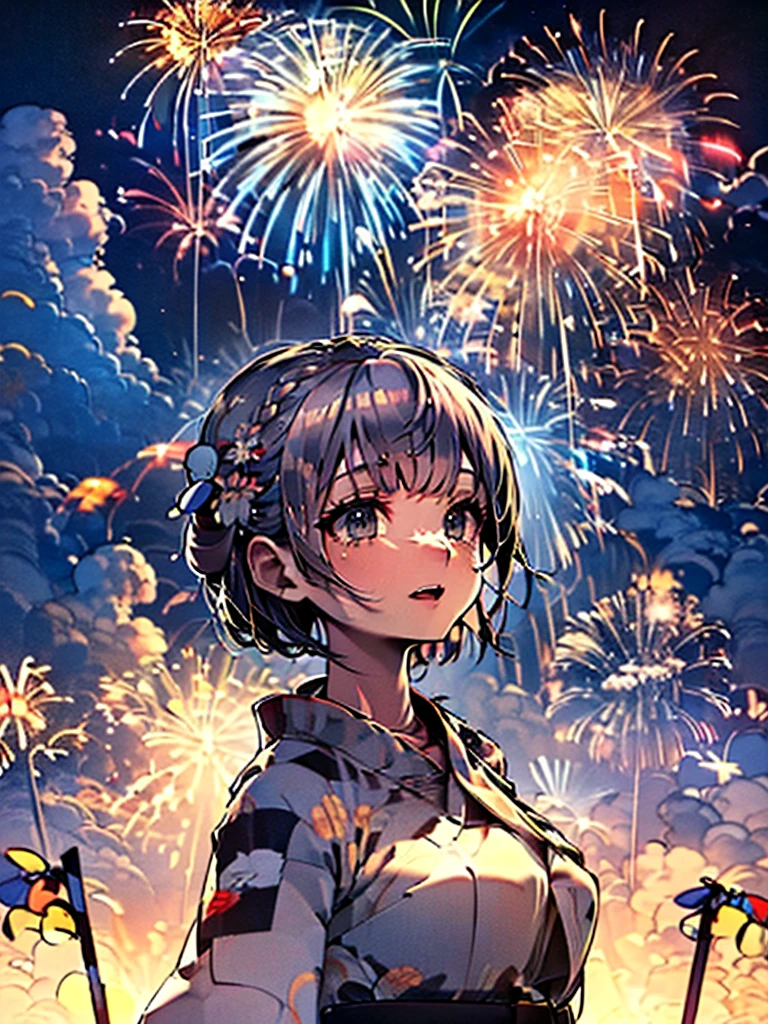 Ultra-high resolution,masterpiece, Attention to detail, Highest quality, 4K,(Silver braided short bob),(Blessed,Captivating body、Ultra-detailed skin、Beautiful Eyes、Detailed Background),One Girl、(yukata:1.5),firework,(A lot of fireworks,Night view,)
