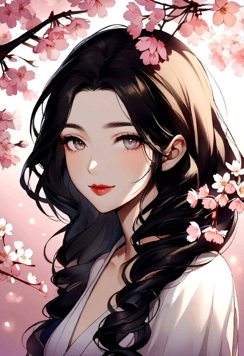 Capture an alluring close-up portrait of an Asian woman in her late 30s, her face framed by a cascade of cherry blossoms. Her serene gaze holds a hint of knowing mystique, drawing the viewer into her captivating presence. Highlight her flawless porcelain s...