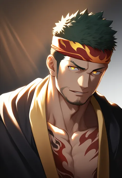 anime characters：Gyee, priapus, 1 muscular man god, Flame tattoo, sports Red headband, Priestly robes, muscular male, muscular, ...