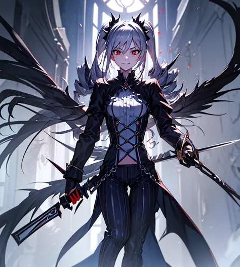 silver hair, twin drills, abyss, large black wings, jet black sword in one hand, countless swords wrapped around his body, sharp...