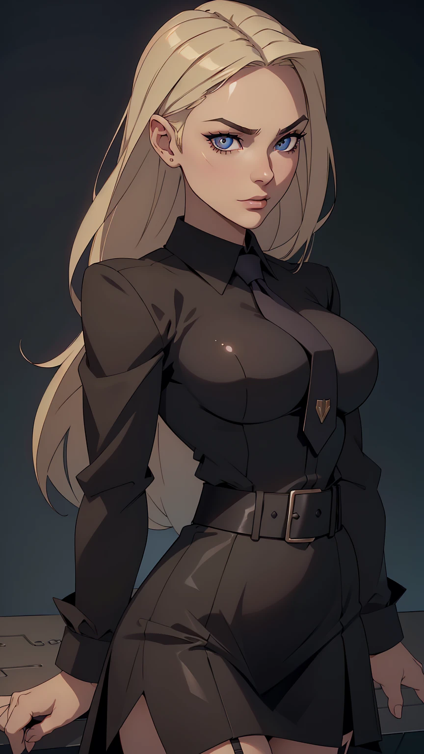 blonde hair, long hair, green eyes, body builder (Wearing black business outfit, black_collared shirt cropped jacket ,tie,necktie,black frilled skirt, garter straps, leather waist belt) (big perfect round breasts,hourglass body, thin waist,very thin waist, Photo realistic,(hyperrealistic:1)beautiful, masterpiece, best quality, extremely detailed face,perfect face,beautiful face, perfect lighting,detailed eye makeup, detail face, nice detailed eyes,nice hands, perfect hands,glowing eyes (realistic pupils,realistic iris:1) heavy eye makeup,