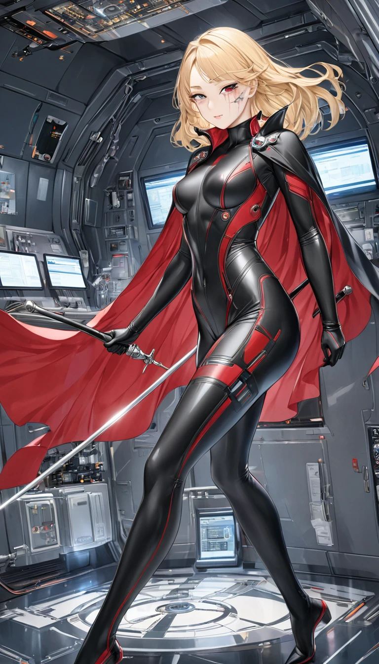best quality, super fine, 16k, incredibly absurdres, extremely detailed, 2.5D, delicate and dynamic depiction, beautiful woman with a large stitched scar on her face, Narrow face, straight blonde hair, narrow eyes, red and black seamless shiny combat full body suit, long cape, rapier, background analyzer lab room inside the spacecraft