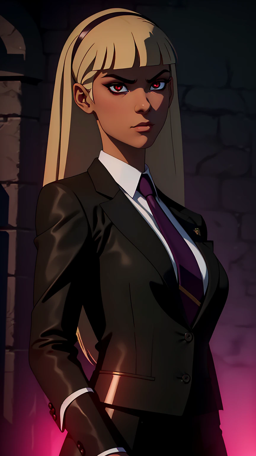 blonde hair, long hair, green eyes, body builder (Wearing black business outfit, black_collared shirt cropped jacket ,tie,necktie,black frilled skirt, garter straps, leather waist belt) (big perfect round breasts,hourglass body, thin waist,very thin waist, Photo realistic,(hyperrealistic:1)beautiful, masterpiece, best quality, extremely detailed face,perfect face,beautiful face, perfect lighting,detailed eye makeup, detail face, nice detailed eyes,nice hands, perfect hands,glowing eyes (realistic pupils,realistic iris:1) heavy eye makeup,