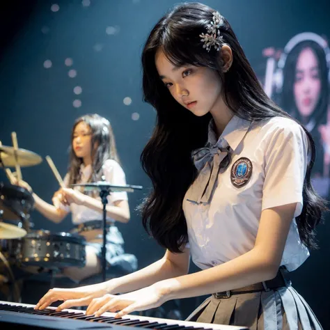 A beautiful Indonesian girl, 18 years old, tall, fair-skinned, black ponytail hairstyle, playing a keyboard piano, performing on...