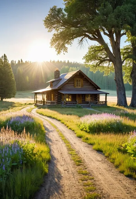 a charming log cabin, nestled amidst a sprawling meadow, exudes a sense of peaceful solitude. the sun casts long shadows across ...