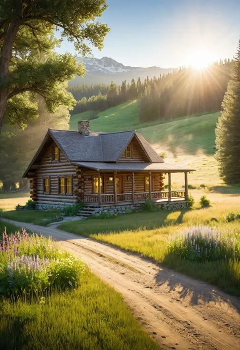 a charming log cabin, nestled amidst a sprawling meadow, exudes a sense of peaceful solitude. the sun casts long shadows across ...