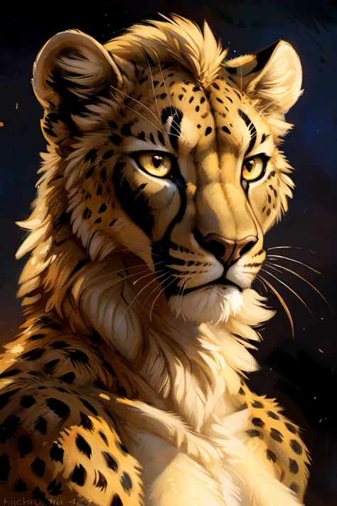 closeup, (anthro furry cheetah lioness female hybrid), blonde lion mane, cheetah spots, athletic body, (fierce yellow eyes), nak...
