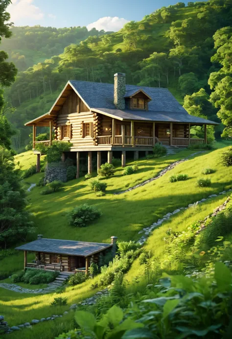 a sprawling log cabin, nestled amidst a verdant valley, exudes a sense of peaceful solitude. the sun casts long shadows across t...