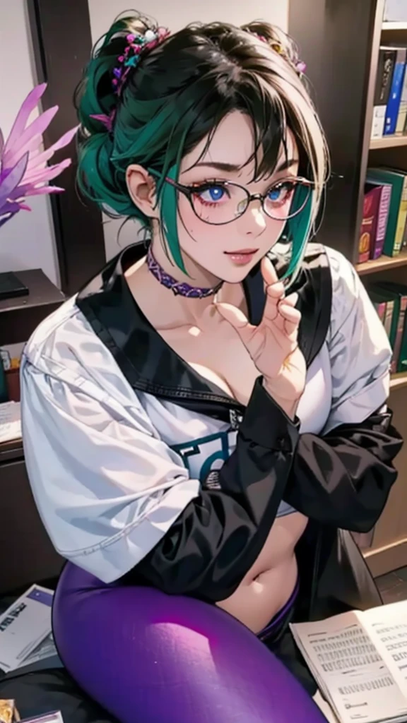 8k, masterpiece, best quality, highly detailed, 1 girl, tiefling, warlock, multicolored hair, very short straight hair green highlight hair on white hair, strippled hair, wearing glasses, round glasses, earrings, red eyeshadow, long eyelashes,navel piercing, blushed cheek, necklace, collarbone, high heels, mole, glamorous, purple and teal clothing, villainy, smirk, seductive face, fullbody view, rings, looking at viewer, sitting on desk, demon horns, solo, hand touching cheek, library, black lace gloves, holding book, miniskirt.