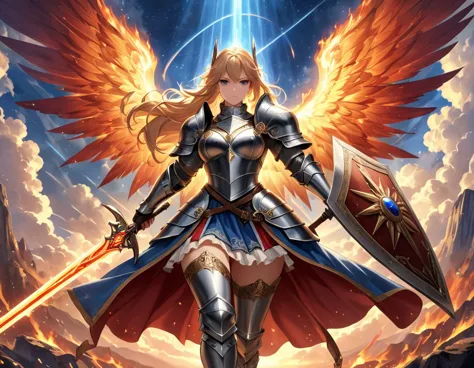 a ((medieval masterwork fresco art: 1.5)) italian renaissance style, of a 1female angel knight, spread angelic wings, glowing ha...