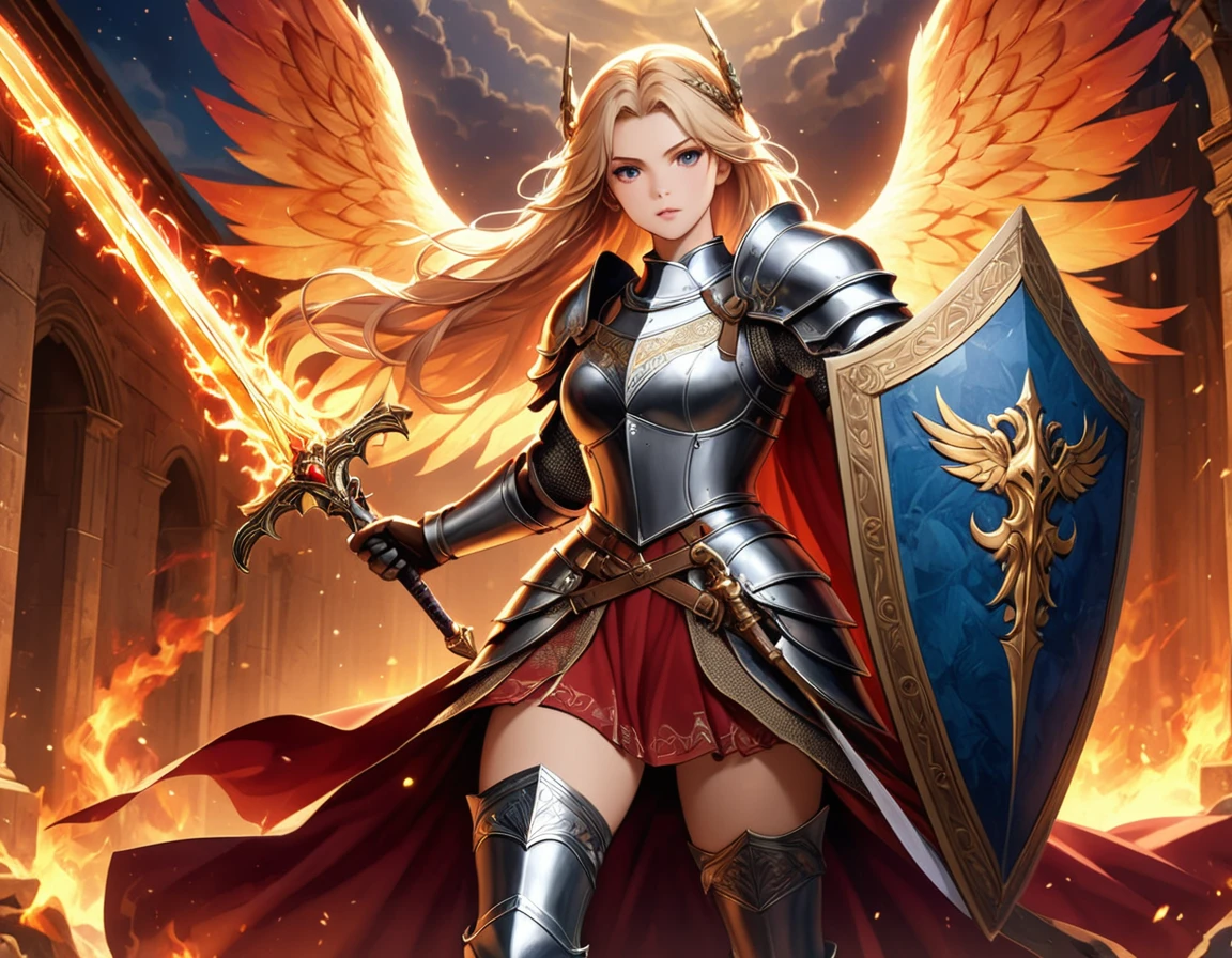 a ((medieval masterwork fresco art: 1.5)) Italian renaissance style, of a 1female angel knight, spread angelic wings, glowing halo soft light, full body shot, ultra detailed face, determined expression, angel of justice and vengeance, blond hair, long hair, dynamic hair style, (wearing armor: 1.2), intricate details, wearing (thigh high heeled boots: 1.1) , (holding divine sword: 1.3), flaming sword, intense details, masterwork sword, dynamic background(Masterpiece: 1.5), Vibrant, Ultra-high resolution, High Contrast, (masterpiece:1.2), highest quality, Best aesthetics), best details, best quality, highres, ultra wide angle, 16k, [ultra detailed], masterpiece, best quality, (extremely detailed), intense gaze, faize, raging nebula, Sword and shield, drc_style