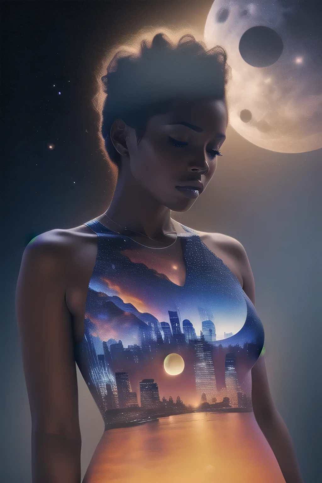 Ilustración fotorrealista de una chica afroamericana sola con piel oscura ((una luna solitaria en forma de corazón en su pecho)), Ojos cerrados, oscurecer la silueta, Ciudad de Nueva York y noche estrellada de Vincent Van Gogh, 
bokeh, fondo degradado de color negro y azul, uhd, surreal, fractal, hermoso, obra maestra muy detallada 