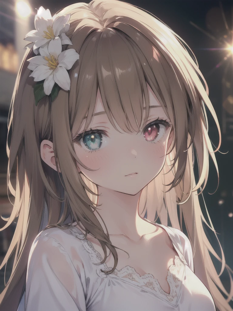 masterpiece, highest quality, female figure, central heterochromia eyes, long brown hair, white nightgown, cute, (dynamic lighting:1.2), cinematic lighting, delicate features, fine eyes, sharp pupils, realistic student, Depth of bounds written, Bokeh, sharp focus, (very detailed, bloom, shine:1.4), gloomy, very skinny, prominent collarbones