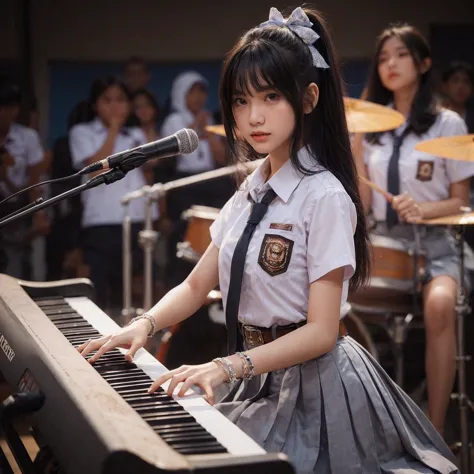 A beautiful Indonesian girl, 18 years old, tall, fair-skinned, black ponytail hairstyle, playing a keyboard piano, performing on...