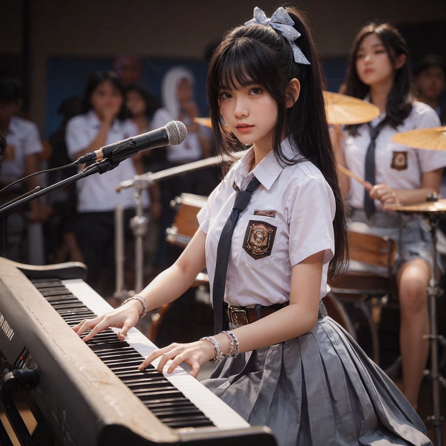 A beautiful Indonesian girl, 18 years old, tall, fair-skinned, black ponytail hairstyle, playing a keyboard piano, performing on a high school stage in Surabaya city, background of a girl playing drums, wearing an Indonesian high , white shirt, belt, and gray skirt, jumping around, headbanging, masterpiece, realistic image, HD, 4k, detailed face, detailed eyes, facing the audience