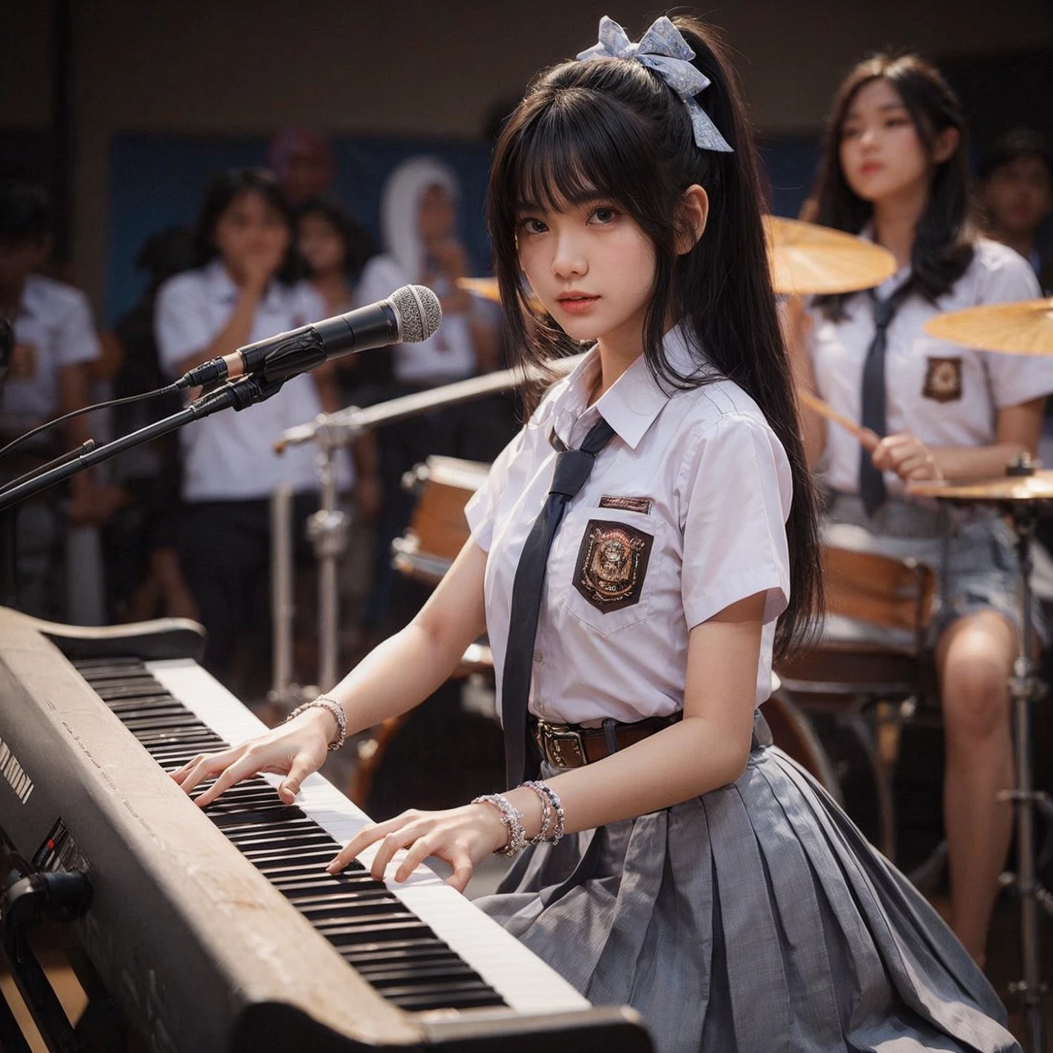 Uma menina indonésia bonita, 18 anos de idade, Alto, pele clara, Penteado preto do rabo de cavalo, tocando um piano de teclado, se apresentando no palco de uma escola secundária na cidade de Surabaya, fundo de uma garota tocando bateria, usando uma alta indonésia , camisa branca, cinto, e saia cinza, pulando por aí, bate cabeça, Obra de arte, imagem realista, alta definição, 4K, rosto detalhado, olhos detalhados, de frente para o público