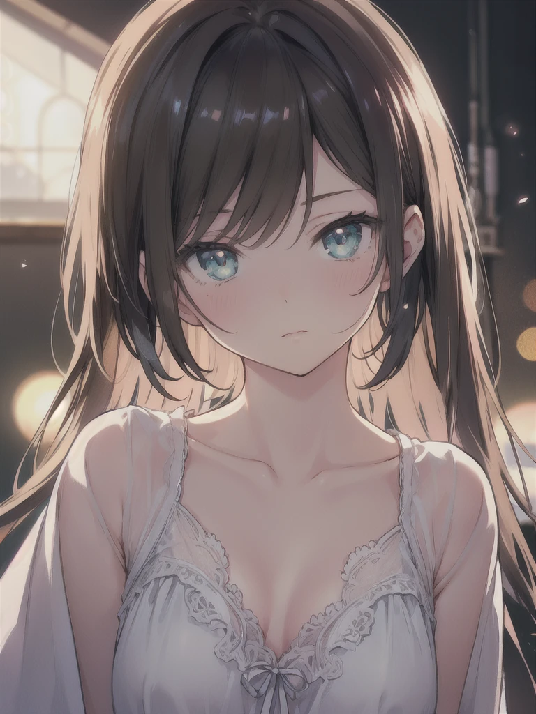 masterpiece, highest quality, female figure, blue green eyes, long brown hair, white nightgown, cute, (dynamic lighting:1.2), cinematic lighting, delicate features, fine eyes, sharp pupils, realistic student, Depth of bounds written, Bokeh, sharp focus, (very detailed, bloom, shine:1.4), gloomy, very skinny, prominent collarbones